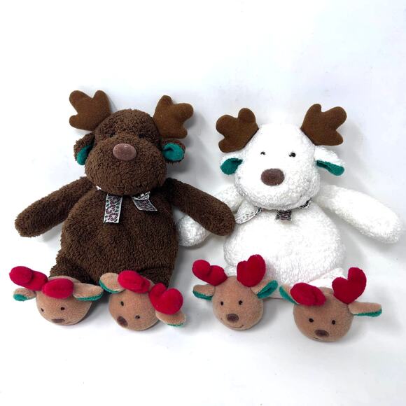 Soft Dreams Reindeer Plush Set of 2 Rattle Christmas Bow Slippers Pluffies VTG - Picture 1 of 6